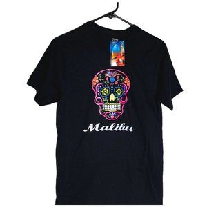 4/$25 Malibu Sugar Skull Day Of The Dead T Shirt Womens Black Floral Sz S‎